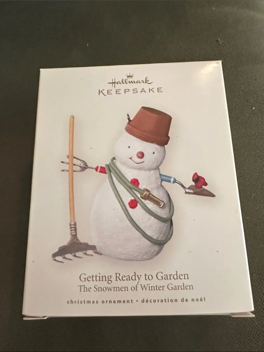 Vintage 2007/Hallmark White Snowman with Brown Hat and Green Hose Ornament